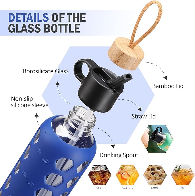MUKOKO Glass Water Bottles, 24oz Glass Tumbler, Drinking Bottles with 2 Lids-Handle Flip Straw Lid&Bamboo Lid, Motivational Water Bottle with Time Marker and Silicone Sleeve, Leakproof-1 Pack-Blue