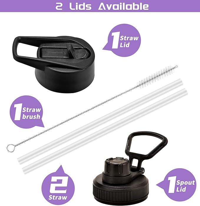 Farsea Insulated Water Bottle with Straw Lid & Spout Lid & Paracord Handle, Stainless Steel Water Bottle Wide Mouth, Double Wall Sweat-Proof BPA-Free, 18 oz, Purple