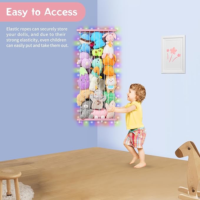 Stuffed Animal Storage Corner Plush Toys Holder with Star Pattern,Stuffed Animals Holder with LED Light,Large Corner Kids Plushies Toys Wall Hangingwith Adjustable Length for Nursery Playroom Bedroom