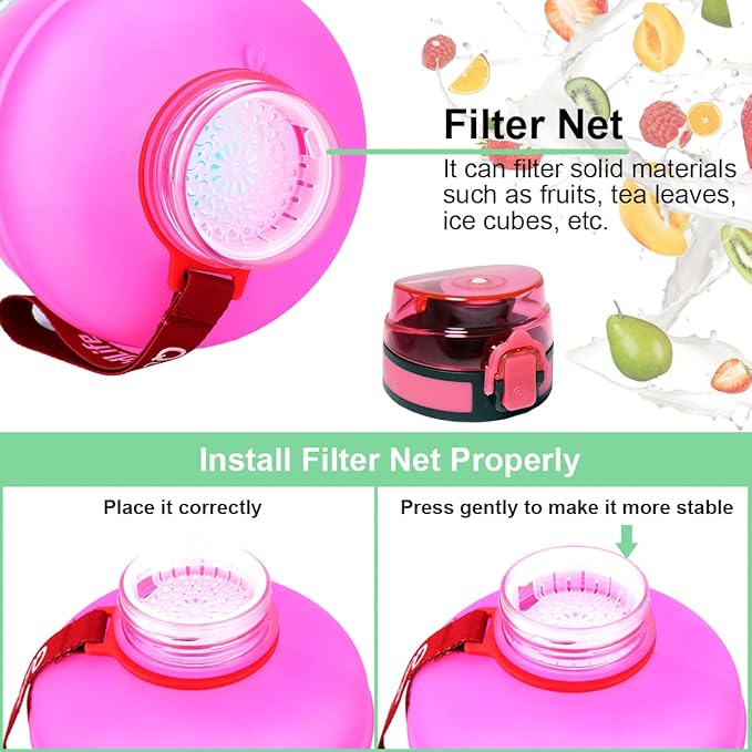 QuiFit 1 Gallon Water Bottle - 128 oz Water Bottle with Times to Drink - BPA Free Motivational Water Bottle with Infuser - Large Water Bottle - Sports Water Bottle 1 Gallon in Gym(Pink/Blue, 1 Gallon)