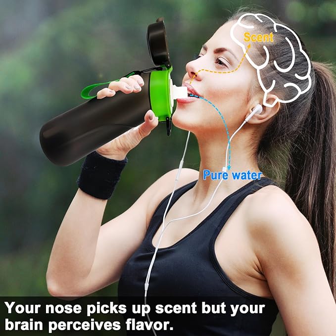 Air Water Bottle with Flavor Pods, Flavored Water Bottle,750ML Large Scented Flavor Water Bottle,Sports Water Cup with Straw Suitable for Gym and Outdoor Games(New Black Green +8Pods)