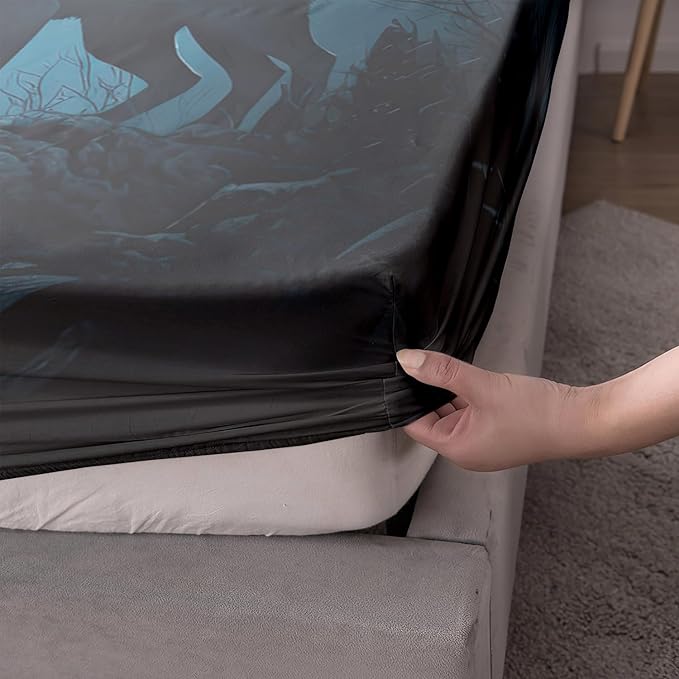 AILONEN Howling Wolf Fitted Sheet Set Twin Size, 3 Pieces Teen Boys Bedding Set Safari Animal Themed Sheet Set,Dreamcatcher Bed Sheet Set Evening Forest Wolf Fitted Sheet with 2 Pillowcases