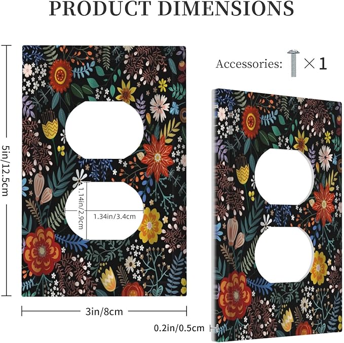 Vintage Colorful Flower Boho Floral Rustic Dark Leaves Single Duplex Wall Plate Covers Light Switch Cover 1 Gang Outlet Plate Decorative Switchplate Covers Electrical Faceplate for Farmhouse Bedroom