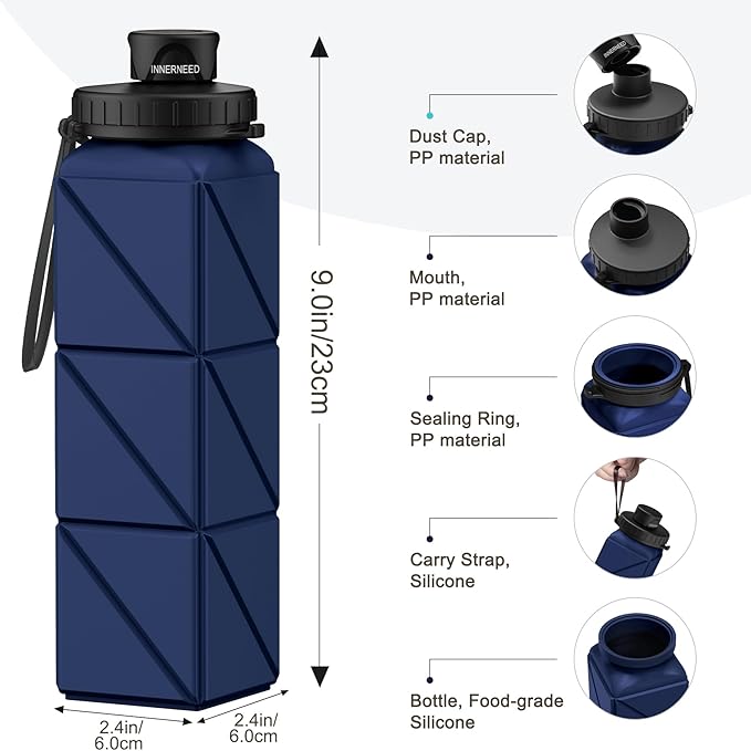 INNERNEED Collapsible Water Bottle, Reuseable BPA Free Silicone Foldable Water Bottles for Travel Gym Camping Hiking, 20.6 fl.oz, Portable, Food-Grade, Leak Proof (1 Pack, Dark Blue)