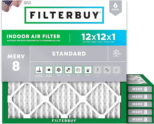 Filterbuy 12x12x1 Air Filter MERV 8 Dust Defense (6-Pack), Pleated HVAC AC Furnace Air Filters Replacement (Actual Size: 11.75 x 11.75 x 0.75 Inches)