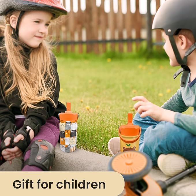Cat Water Bottle - Kids Water Bottle with Straw Lid - 12 Oz Insulated Stainless Steel Water Bottles for Toddlers Kid Boys Girl - Travel Cup for School Sports