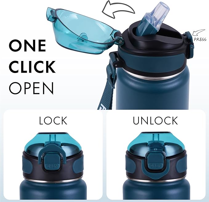 32 oz Insulated Water Bottle with Straw, Stainless Steel Metal Thermos Bottles, Durable Non-Slip Gradient Bottle with Strap for Sports and Travel, Leak Proof (Navy Blue Black)