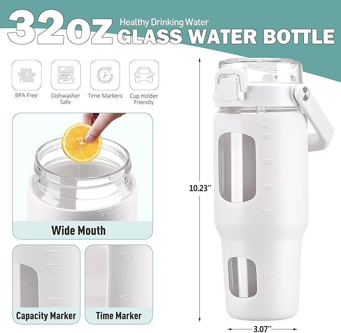 BLUEGO 32oz Glass Water Bottle with Handle and Straw|Leakproof Sports Glass Bottle with Time Marker and Silicone Sleeve|Glass Drinking Bottle for Travel, Gym, Workout, White