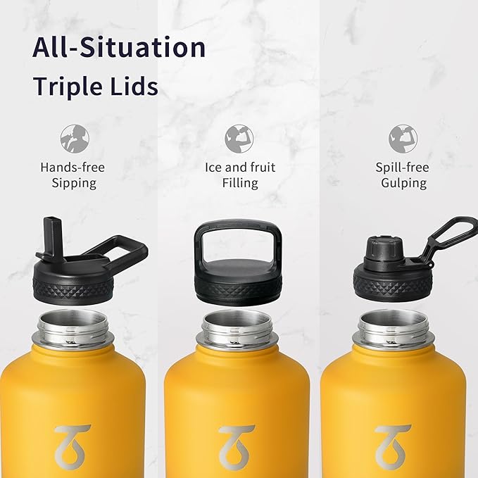 Trebo Half Gallon Water Bottle with Paracord Handle 64oz Wide Mouth Insulated Double Wall Stainless Steel Large Sports Flask Keep Hot 24 Hours & Cold 48 Hours Water Jug with 3 Lids, Orange