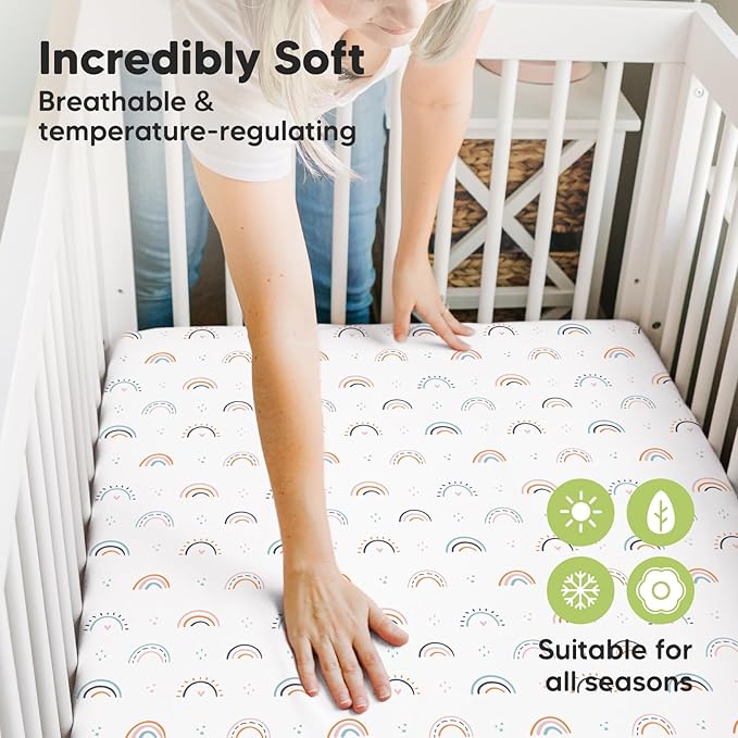 Pack and Play Sheets Fitted, 2-Pack Mini Crib Sheets - Pack N Play Sheets, Organic Fitted Crib Sheet for Pack and Play Mattress, Playard Baby Crib Sheets, Crib Sheets Neutral for Boys (Jolly Rainbow)