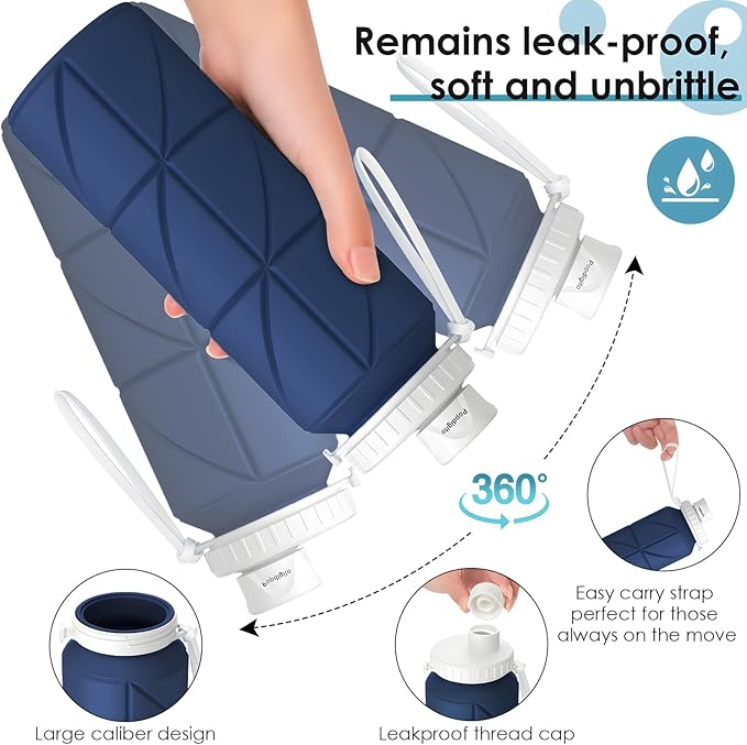 Collapsible Water Bottle Foldable Silicone Travel Water Bottle Leakproof Flexible BPA Free Portable,Folding Water Bottle Lightweight for Camping, Hiking,Sports Water Bottles Travel 23oz