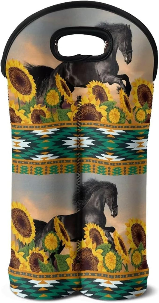 doginthehole Sunflower Horse Wine Bag Insulated Wine Tote Holders Aztec Print Wine Carriers Bag for Wine Beer Cans Water Portable Neoprene Wine Bottle Covers Protector 2 Bottle Wine Carrying Bag