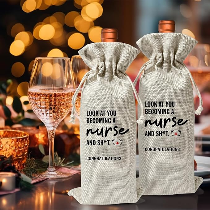 Nursing School Graduation Gift Wine Bag, Look At You Becoming A Nurse and Sh*t, Funny Nurse Graduation Party Decoration Favors, Nurse Day Nurse Week Gift Bag For Her Women Coworker, Linen Wine Bag