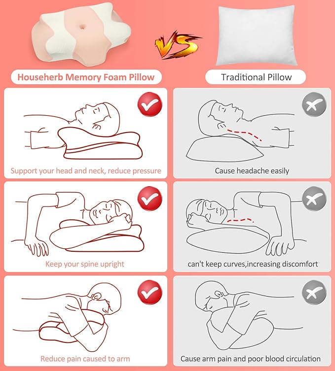 Cervical Pillow for Neck Pain Relief, Memory Foam Pillow for Sleepin, Ergonomic Contour Pillows, Orthopedic Pillow with Washable Pillowcase, for Side Back Stomach Sleepers (Pink)