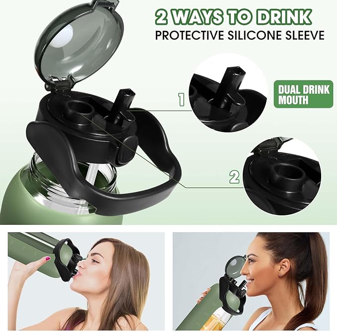 Glass Water Bottles 64 oz - Large Half Gallon Motivational Glass Water Bottle with Time Marker Straw Phone Holder Handle, 64oz Daily Water Intake Jug with Silicone Sleeve for Office Work Gym Olive