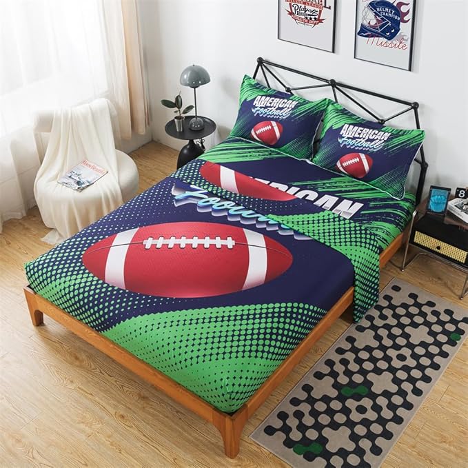 qjmiaofang Football Queen Sheet Set 4Pieces Sports Sheets for Kids Boys American Football Fitted Sheet Rugby Football Bed Sheets Sport Theme Bedding Set 1 Flat Sheet 1 Fitted Sheet 2 Pillowcases