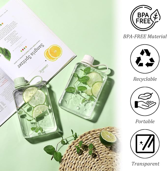 Tritan Transparent Flat Water Bottle samll Water Bottle Slim Square Pocket Bottle Water Flask, BPA Free/Slim Design/Leak Proof Water Bottle for Travel, Outdoor, Sports (Matcha Green, 320ML)