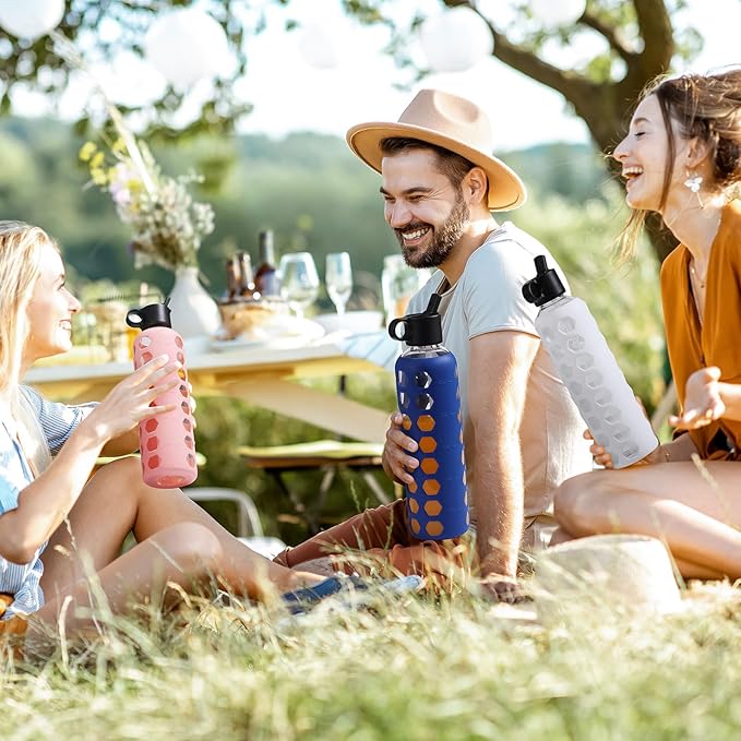 MUKOKO Glass Water Bottles, 32oz Glass Tumbler, Drinking Bottles with 2 Lids-Handle Flip Straw Lid&Bamboo Lid, Motivational Water Bottle with Time Marker and Silicone Sleeve, Leakproof-1 Pack-Blue