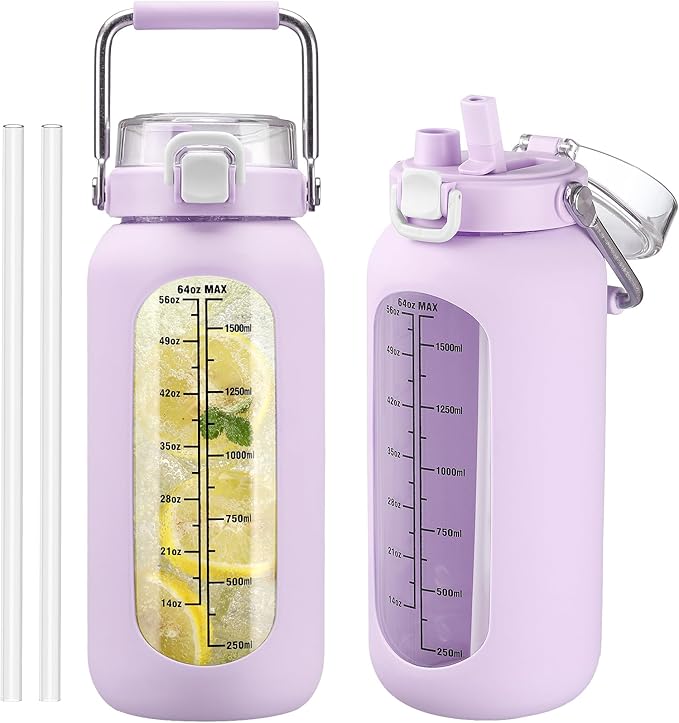 Kytffu 64 oz Glass Water Bottle with Straw and Stainless Steel Handle, Half Gallon Water Bottle with Silicone Sleeve and Time Marker, 2L Large Glass Bottle for Gym, School, Travel, Leak-proof (Purple)