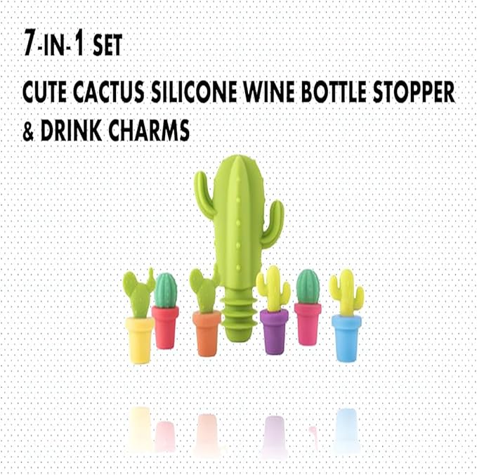 Cactus Silicone Wine Bottle Stoppers,Cute Wine Accessories, Reusable Wine Beverage Corks, for Gifts, Bar, Holiday Party, Wedding (7, M)