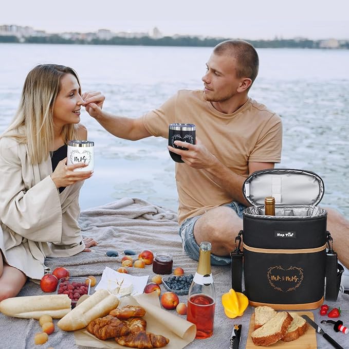 Hap Tim Wedding Gifts for Couples, Bridal Shower Gifts, Engagement Gifts for Newlyweds, Mr and Mrs Gifts - Wine Cooler Bag Insulated Wine Carrier Tote with Tumblers, Bamboo Cheese Borad (13624-G1)