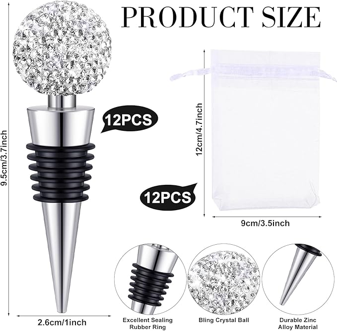 Crystal Wine Bottle Stopper Diamond Wine Stoppers Reusable Zinc Alloy Silicone Beverage Saver Corks Wine Decorative Bottle Stoppers with Sheer Bags for Wedding Bar Gifts(Silver,12 Set)