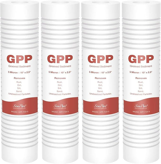 SimPure Grooved Sediment Water Filter Cartridge, 5 Micron Whole House Water Filter Universal Replacement 10"x2.5" for 10 inch RO Unit, Whole House Under-Sink Filtration System (4 Pack)