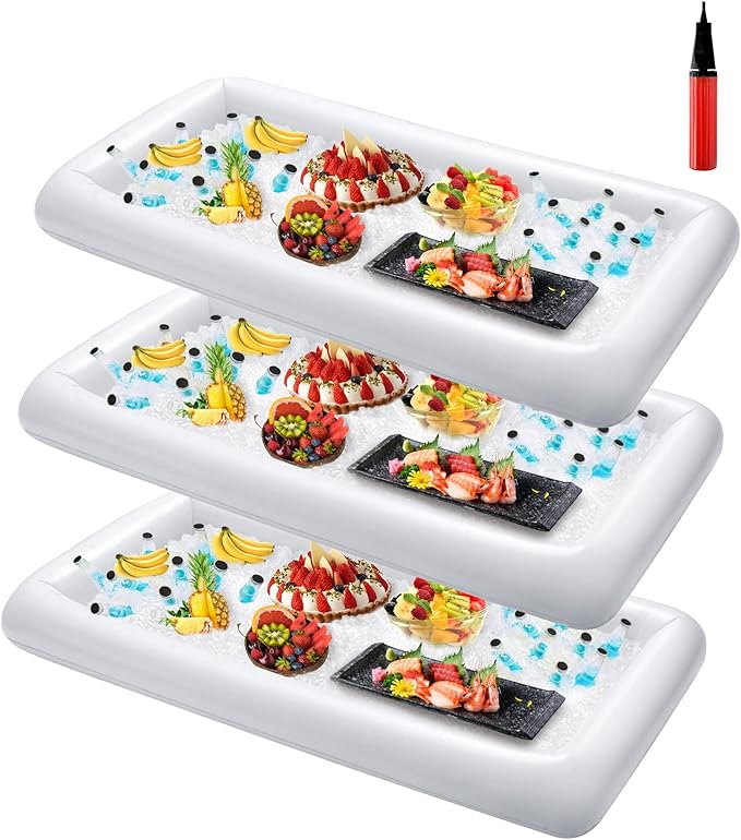 HBlife 3 PCS Inflatable Serving Bar, Salad Ice Tray Food Drink Containers with Drain Plug and 1 Hand Air Pump, Inflatable Buffet Cooler for Party Supplies