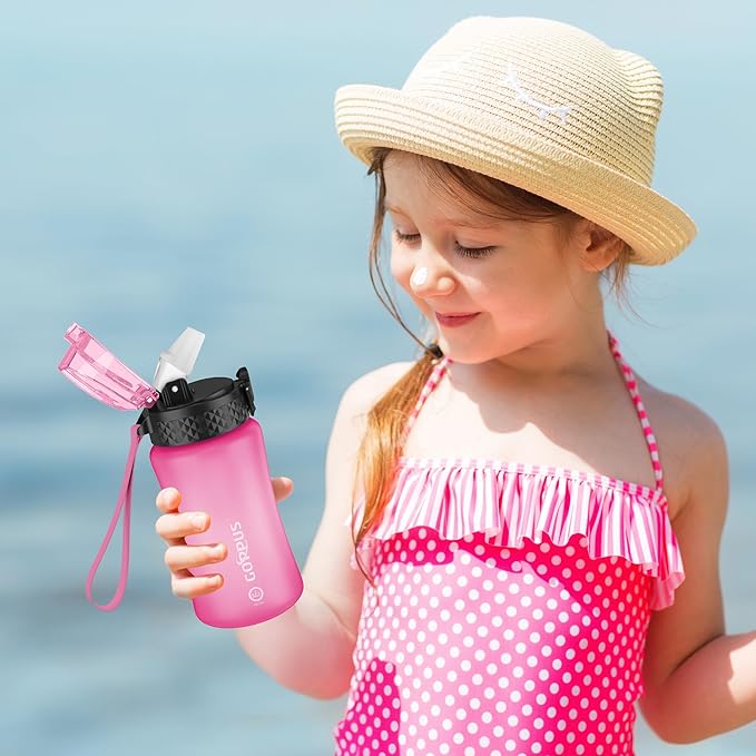 GOPPUS Kids Water Bottle with Straw Spout Lid 10pcs Stickers 12 oz Leak-proof BPA Free Motivational Time Marker Tritan Plastic Water Bottles for Girls Boys School Sports