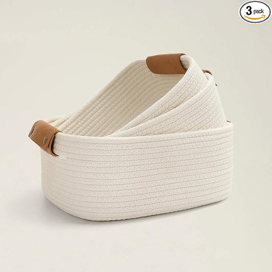 CHICVITA 3 Pack Rectangle Cotton Rope Woven Basket with Handles for Books, Magazines, Toys - Ideal Gift Decorative Basket for Baby Nursery, Living Room