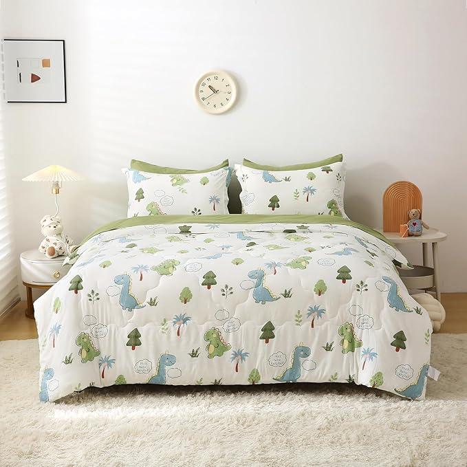 Wajade Kids Dinosaurs Comforter Set Bed in A Bag Twin Size 7 Piece Cute Green Dinosaur Jungle Bedding Set for Girls Boys (1 Comforter, 1 Flat Sheet, 1 Fitted Sheet, 2 Pillowcase and 2 Pillow Sham)