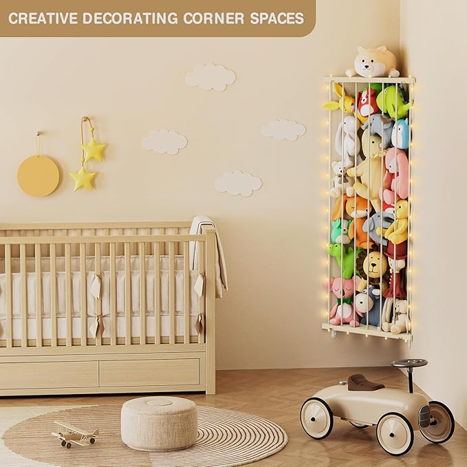 Stuffed Animal Storage Toy Organizer: Corner Stuff Animals Holder for Wall with LED Light - Kids Plush Toys Storage with Adjustable Length for Nursery Playroom Bedroom Kids Room(Beige)