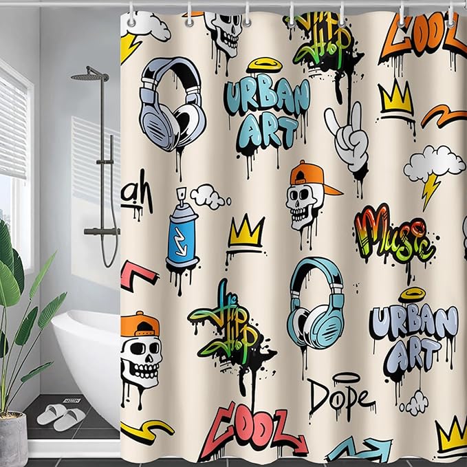AILONEN Hip-Hop Skull Shower Curtains,Graffiti Music Bath Curtains,Printed Rock Curtains,Polyester Waterproof with 12 Hooks for Bathroom 72" W*72" H