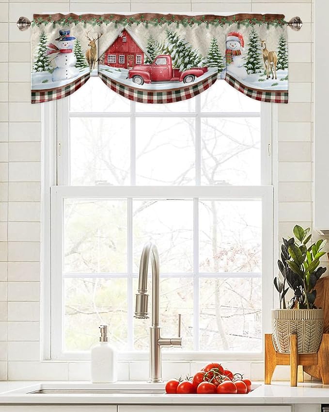 Christmas Farmhouse Blackout Tie Up Valance Curtains for Kitchen Windows Snowman Farm Red Truck Window Toppers Balloon Shades for Living Room/Bathroom/Bedroom,1 Panel,42" X 18" Winter Holiday