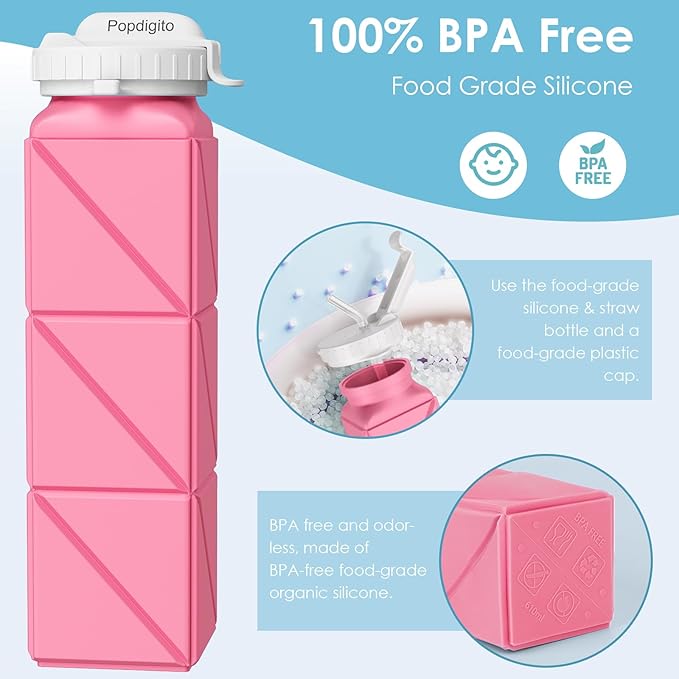 Collapsible Water Bottles,BPA-Free Leak-Proof Silicone Foldable Water Bottle Cup 20.6oz,Durable Lightweight Bottle for Gym Travel Camping Hiking Running (Type2 Pink)