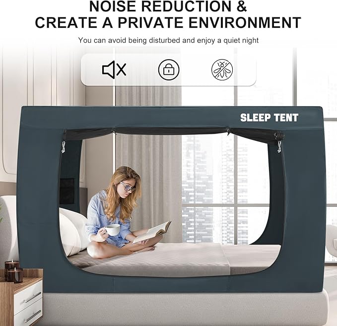 Bed Tent Queen Bed Canopy Dream Tents for Indoor Portable Blackout Tents Privacy Space Warm Breathable Sleeping Tents for Kids and Adult(Navy Blue,Mattress Not Included) Reducing Light