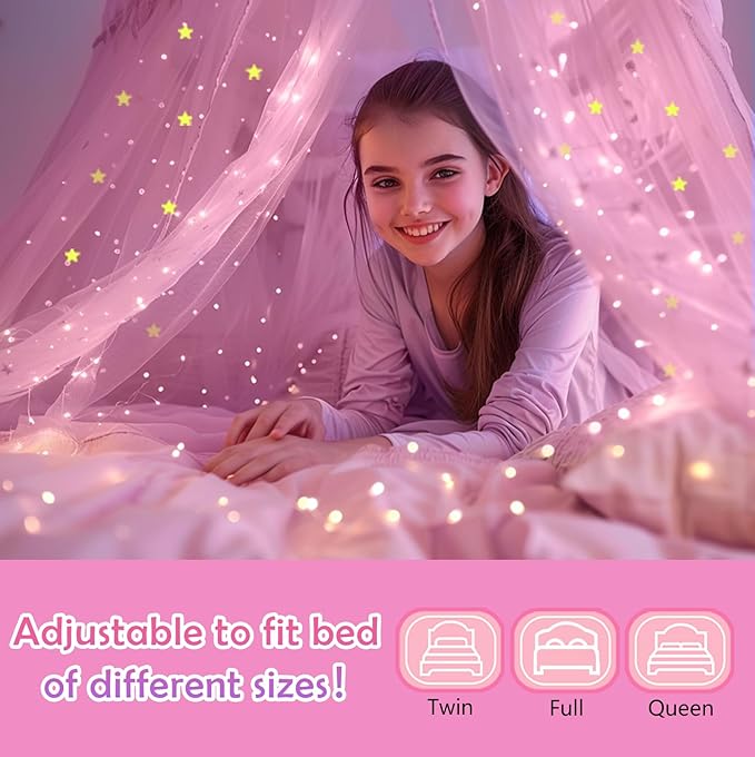 Daksha Pink Princess Bed Canopy for Girls with Glowing Stars, Ceiling Tent for Kids, Fits Twin, Full, and Queen Size Beds, Suitable for Indoor Room Decor and Outdoor Use