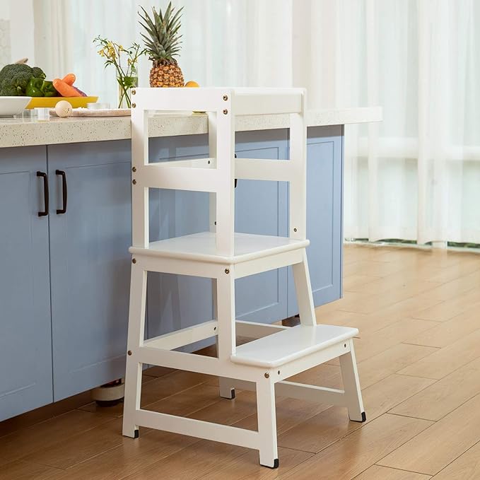 Kitchen Step Stool for Toddlers and Kids with Safety Rails for Kitchen Counter Solid Wood (White)