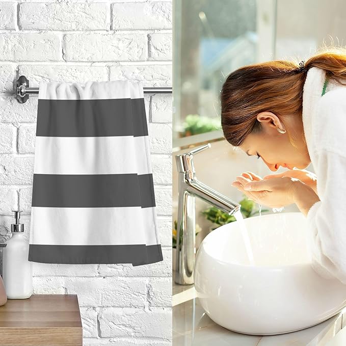 Classic Black and White Striped Bath Hand Towel Soft Cotton Highly Absorbent Fingertip Towels for Bathroom Beach Kitchen Sports Gym Yoga Travel (2-Pieces Towel Sets, 28x16 inch)