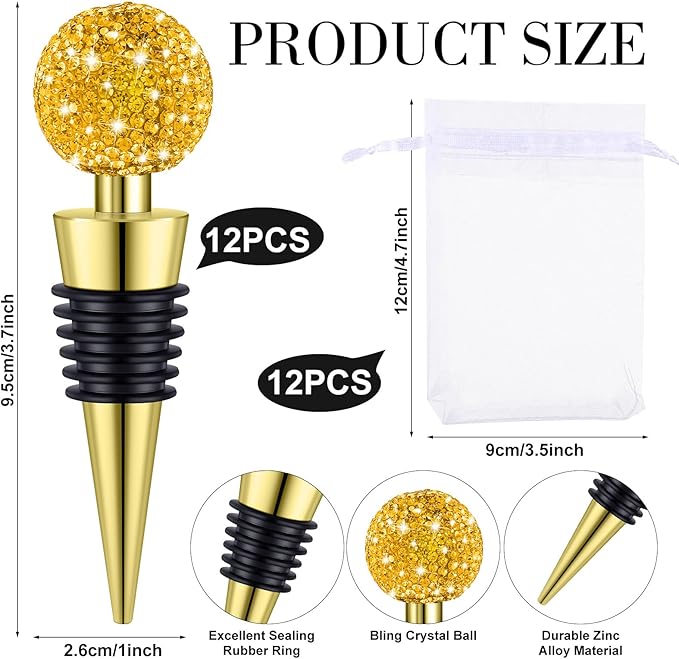 Crystal Wine Bottle Stopper Diamond Wine Stoppers Reusable Zinc Alloy Silicone Beverage Saver Corks Wine Decorative Bottle Stoppers with Sheer Bags for Wedding Bar Gifts(Gold,12 Set)