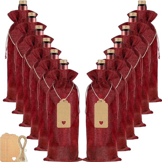 HOMUM 12 Pcs Premium Burlap Wine Bags, Wine Gift Bags with Drawstrings - Reusable Wine Bags, Wine Bottle Bags for Weddings, Parties, Blind Tastings, Christmas, Birthdays, Housewarming, Home Storage (Red)