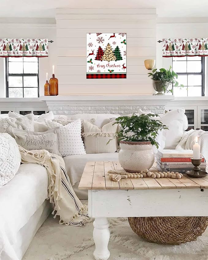 Merry Christmas Kitchen Curtains Valances for Windows Farm Christmas Tree Buffalo Plaid Leopard Rod Pocket Window Treatment for Kitchen/Living Room/Bedroom/Bathroom,42" X 12" -1 Panel, Holiday Decor