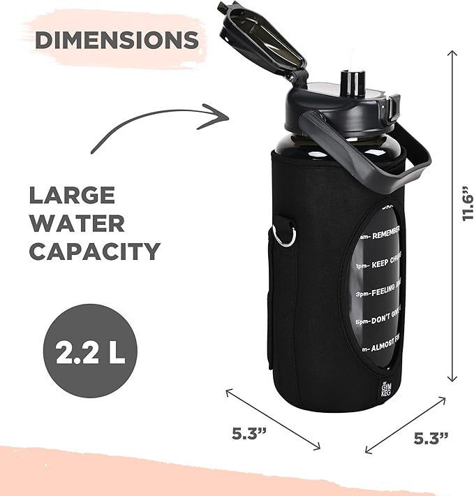 THE GYM KEG Water Bottle with Carrying Strap - Black, 74 oz Bottle Jug with Neoprene Sleeve - BPA-free - Food-Grade - Sweat & Leak Proof - Reusable Water Jug for Workouts, Jogging, Travel, Gym