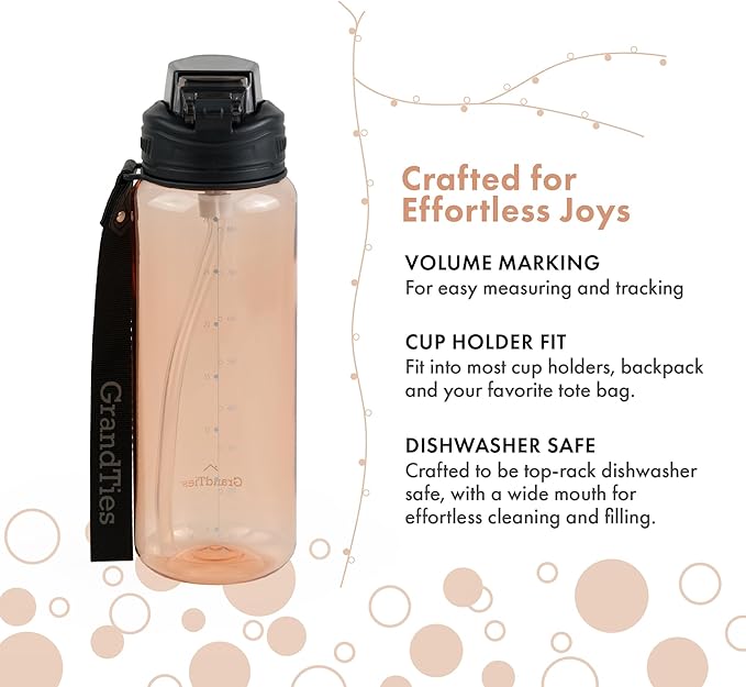 GRANDTIES Sports Tritan Plastic Water Bottle with Straw, Removable – Leakproof BPA Free Dishwasher Safe Travel Water Bottle with Strap for Gym, Outdoor, Fitness (Peach Creme, 28oz (800mL))