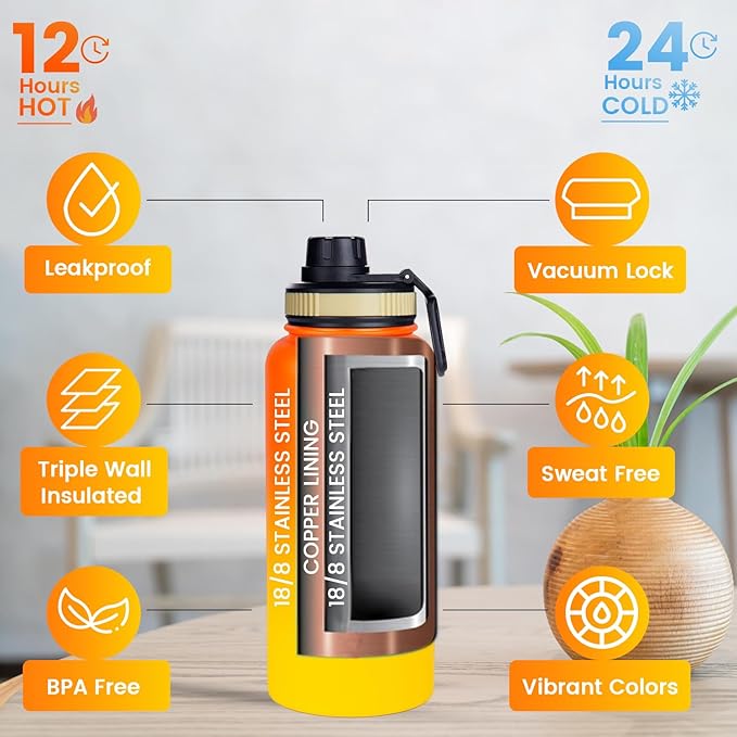 Water Bottle 32oz, Triple Walled Insulated Stainless Steel Reusable Bottle, Silicone Sleeve, Cleaning Brush, 2 Lids (Spout lid & Straw lid w/2 straw), Metal Mug Gallon, BPA Free, Sunset