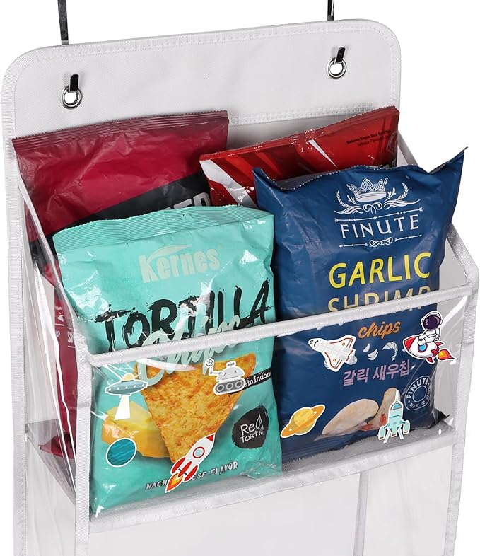 Univivi Over The Door Organizer Hanging Storage, Closet Door Organizer Baby Storage with 6 Clear Plastic Pockets & 2 Big Metal Hooks & Sticker for Cosmetics, Bathroom, Nursery and Sundries