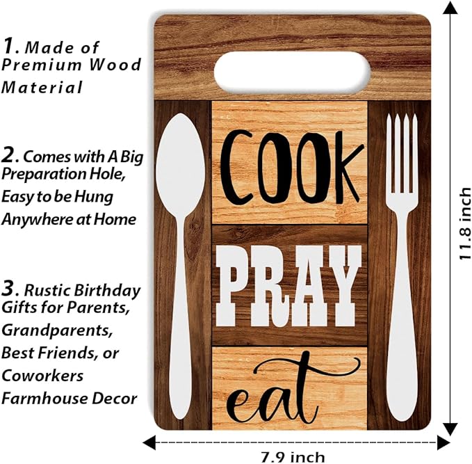 Farmhouse Kitchen Decor, Kitchen Signs Wall Decor, Wall Decor for Kitchen, Kitchen Decorations, Kitchen Door Wall Hanging Decor, Cook Pray Eat Wood Sign 8 x 12 Inch