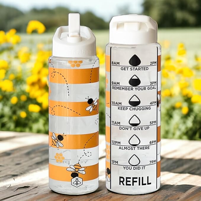 Biddlebee 32oz. Hydration Tracker Water Bottles with Times To Drink | Big Motivational Water Bottle with Time Marker, Straw Lid, & Measurements | BPA-Free