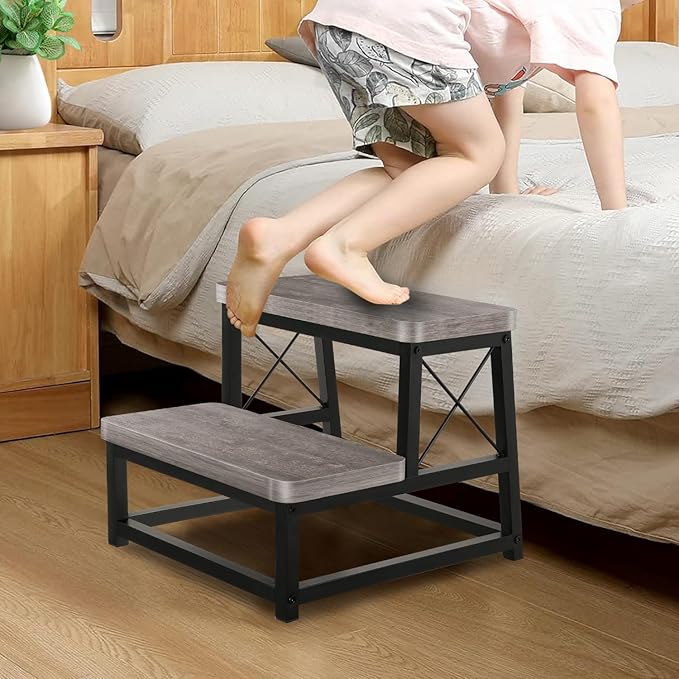 Wooden Step Stool for Adults, 2 Tier Heavy Duty Step Stool for High Bed, Small Step Stool for Bedroom, Living Room, Bathroom and Kitchen, Hold Up to 500 LBS