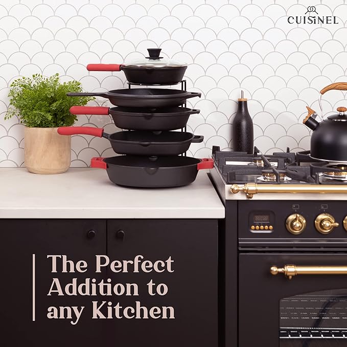 Pan Organizer - Silicone-Coated Non-Slip 12" Heavy Duty Skillet Rack - Kitchen Counter/Cabinet Organization Storage - Holder for Cookie Sheet, Cutting Board, Cast Iron Cookware, Dish, Pot, Lid Stand